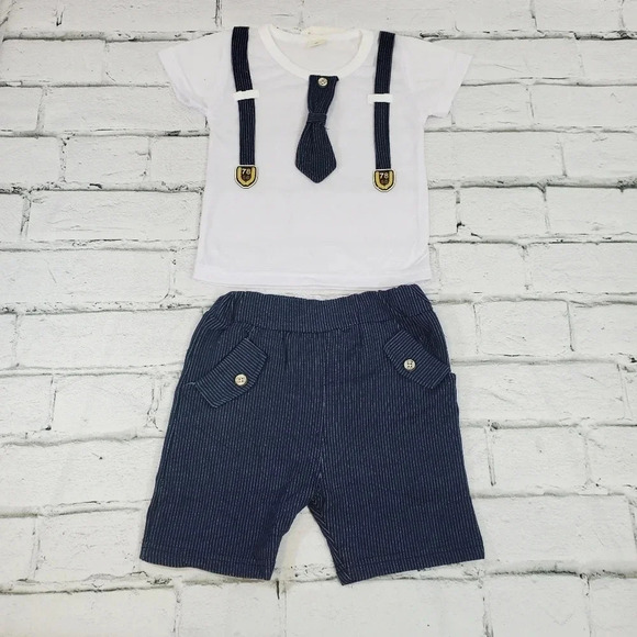 2T Navy Blue Faux Suit Baby Boys 2 pcs Outfit. T-Shirt and Shorts Set - Picture 3 of 11